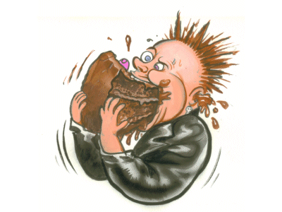 Gorge for Health - pic showing Diesel enjoying a small slice of chocolate cake.